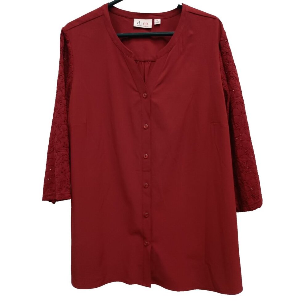 Denim&Co Womens Top XL Maroon Lace Sleeve Button Front Casual Office Preppy‎